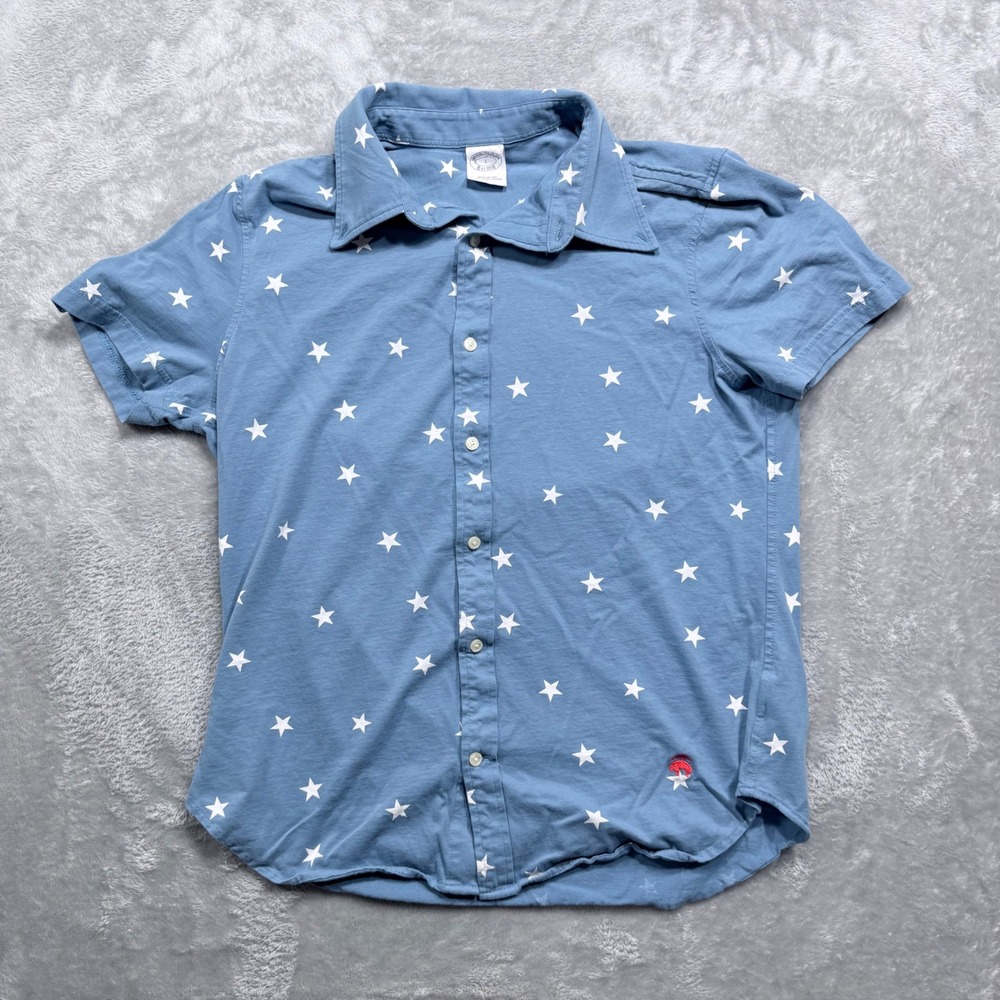 Brooks Brothers Button Down Shirt Mens Large Blue Star Print Short Sleeve Cotton